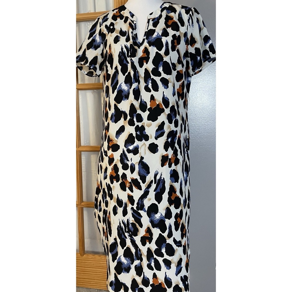 SHEIN Leopard Print Mini Dress Sz L Blue Rustic Brown Rounded Hem Casual - Picture 2 of 13